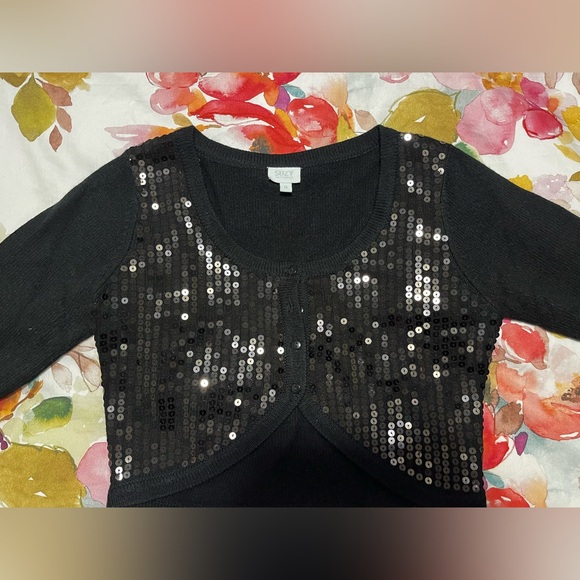 NEW! Black cropped sweater, sequin front, button up. Size: Medium - Picture 3 of 8